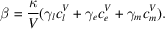 [\beta = {\kappa \over V} (\gamma_{l}c_{l}^{V} + \gamma_{e}c_{e}^{V} + \gamma_{m}c_{m}^{V}).]